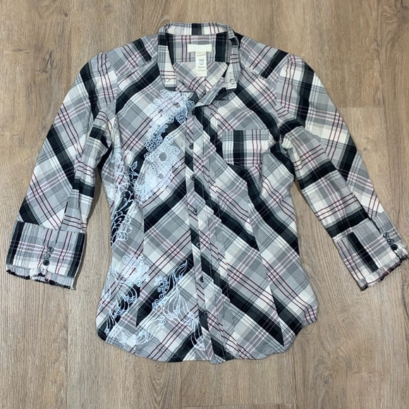Diesel Plaid 3/4 Sleeve Button Down Floral Detail Shirt - Picture 2 of 6